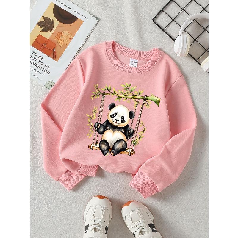 Weiches Rundhals-Sweatshirt für Mädchen mit süßem Panda am Schaukelast und kreativem Print, Lässiger Allrounder für Herbst und Winter, Ideales Weihnachtsgeschenk