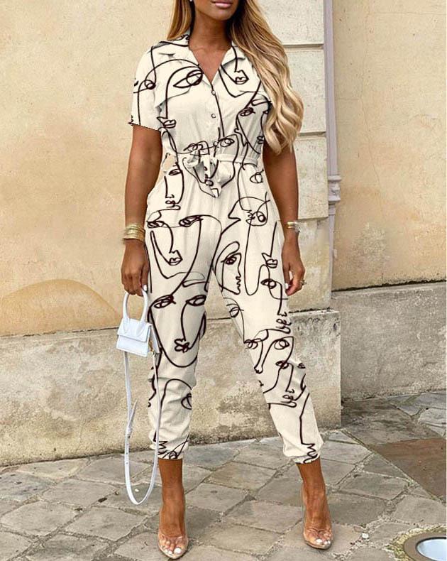 Summer Women's Casual Button-Up Print Waistband Jumpsuit