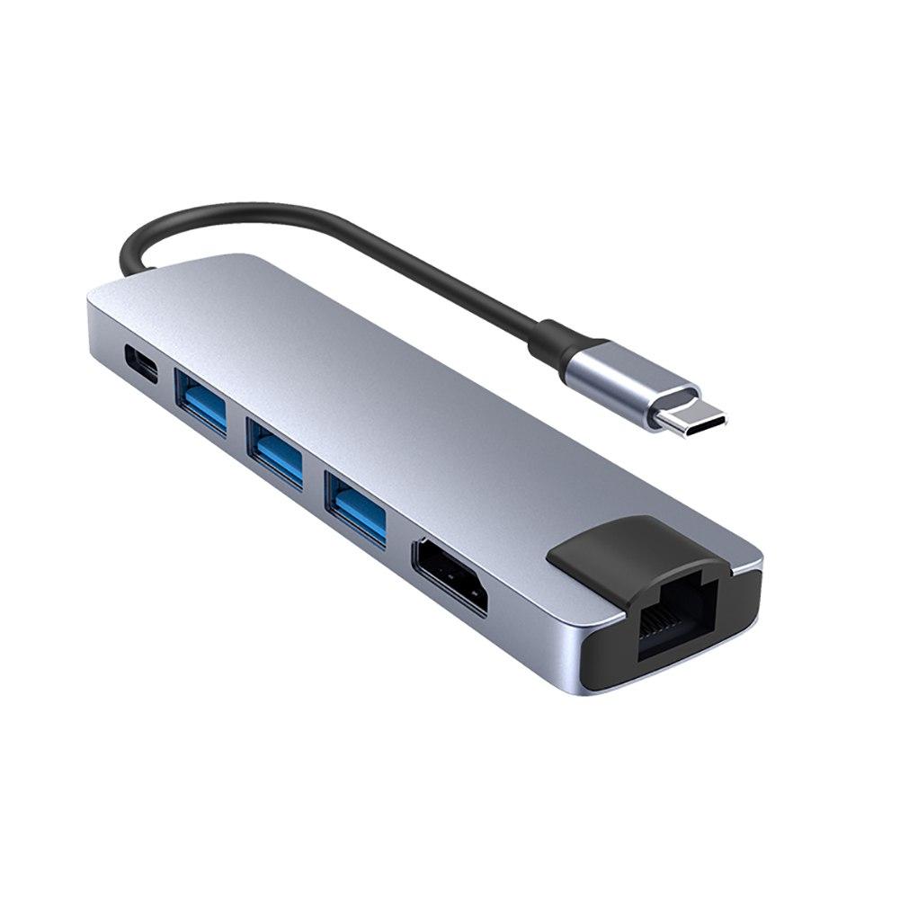 6 in 1 USB C HUB Docking-Konverter USB 3.0 4K HDMI-kompatibel Typ-C 55W PD Ladeadapter RJ45 Multi-USB-Station
