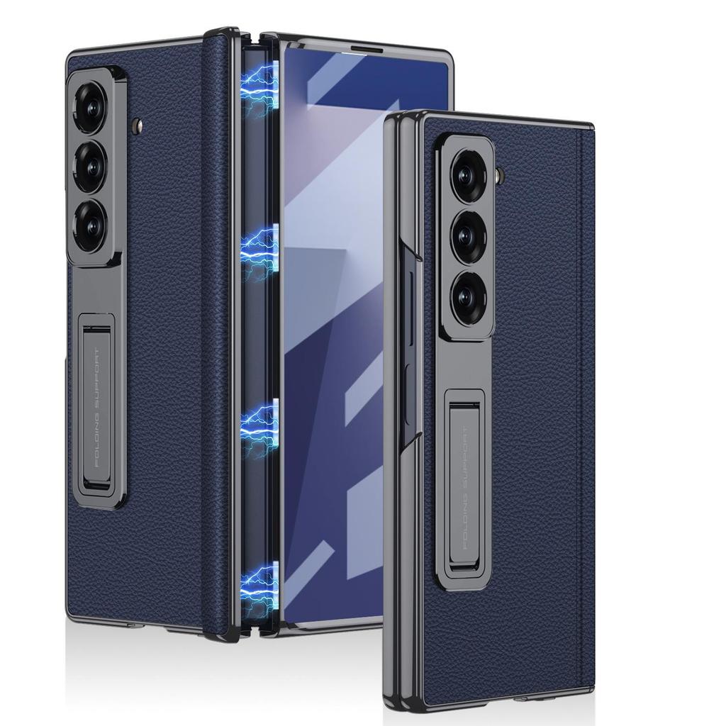 Samsung Z Fold7 Electroplated Leather Magnetic Case with Bracket - Anti-drop Protective Cover