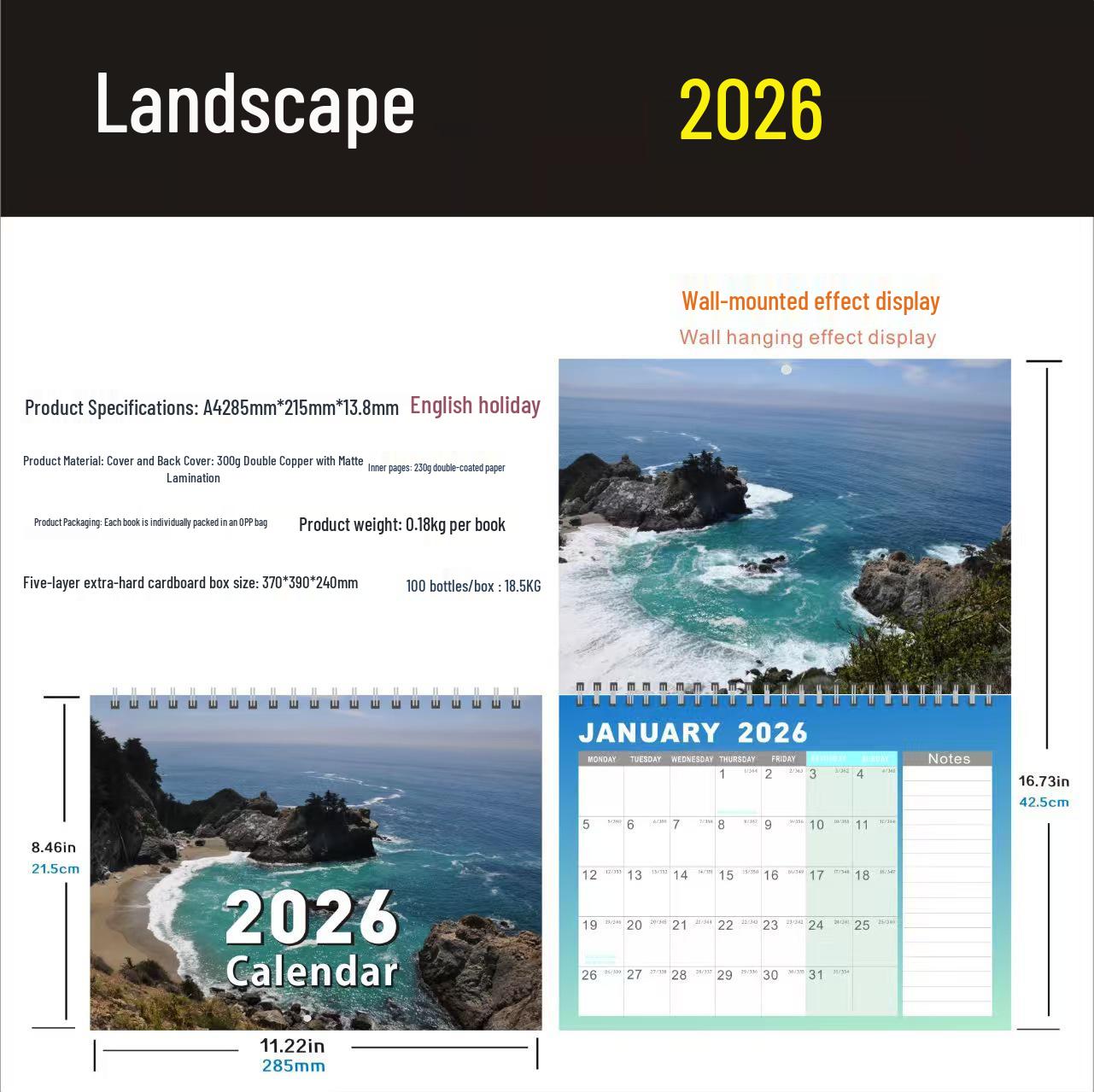 Английский спиральный настенный календарь на 2026 год: Европейский и американский креативный дизайн