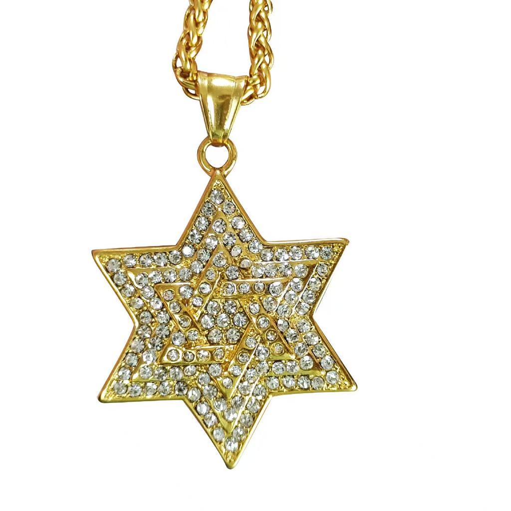 Hip Hop Iced Out Bling Star of David Pendants Gold Color Stainless Steel Hexagram Necklace for Women Men Jewish Jewelry Gift