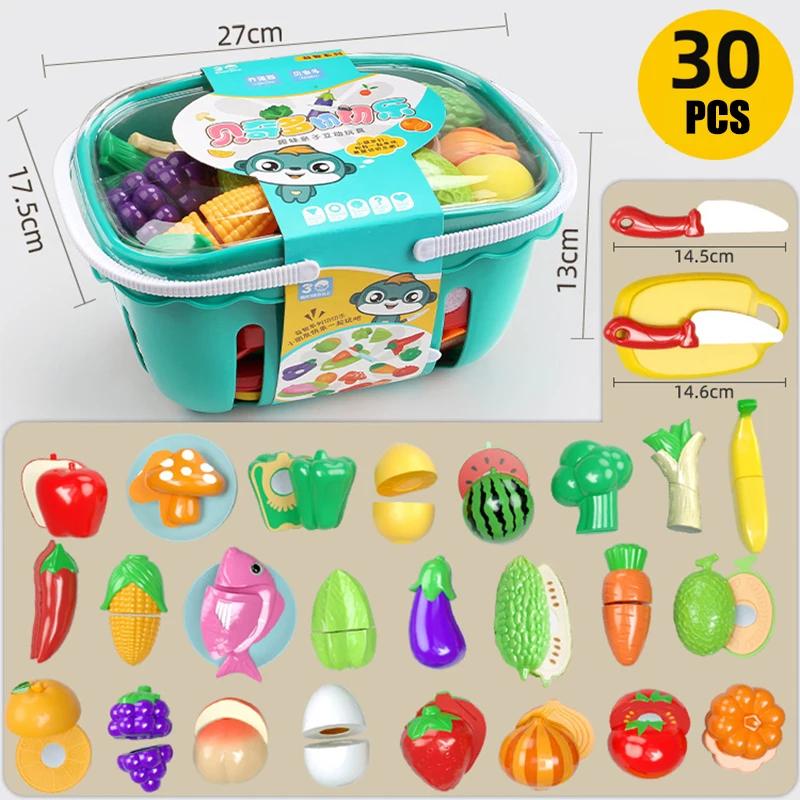 Kitchen Play House Toy Set Simulation Basket Fruit Vegetable Food Cutting Game Educational Kids Montessori Learning Girls Toy