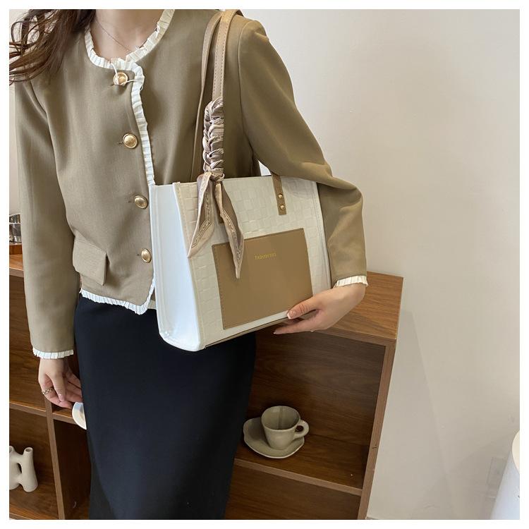Elegant Silk Scarf Decorated Tote Bag Women Fashion Commuter Shoulder Handbag Soft Faux Leather Work Bag