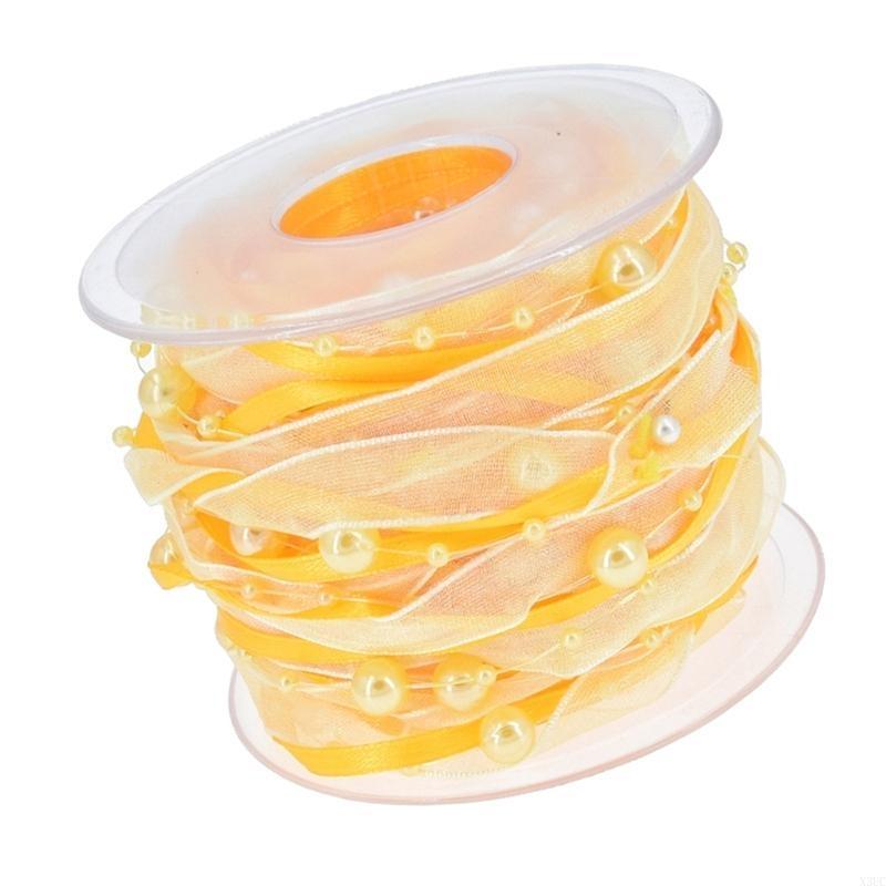 Multipurpose 10m Length White Organza Ribbon with Pearls Detail Accessory for Festival and Artistics Creation 10mm X3UC