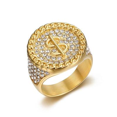 Hip Hop Iced Out Big Dollar Signs Anel Masculino Cor Dourada Anéis de Dinheiro de Aço Inoxidável Para Homens Hiphop Jóias
