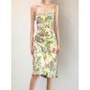 Family European and American Women's Clothing Huayang Young Adult Florals Print Green Series Mesh Spaghetti-Strap Dress Vacation Style Shoelace Dress