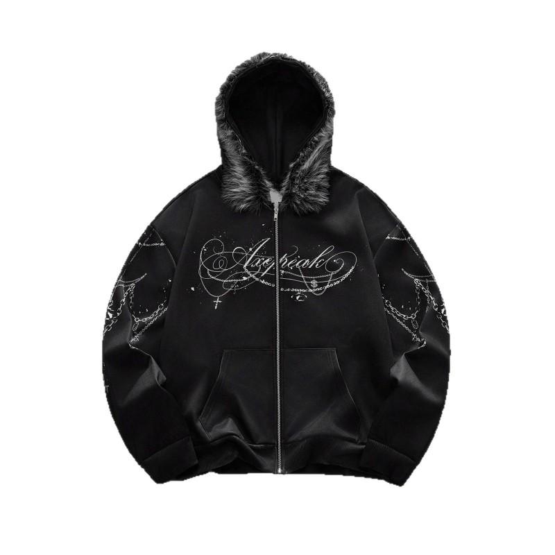 Sweat à capuche zippé unisexe Streetwear avec col amovible en fausse fourrure, graphique imprimé, coupe ample, veste d'hiver