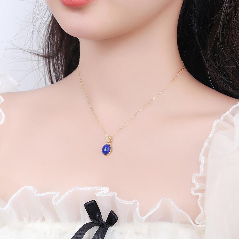 Vintage lapis lazuli necklace women's sterling silver s925 oval egg surface simple high-end collarbone chain niche design daily jewelry gift