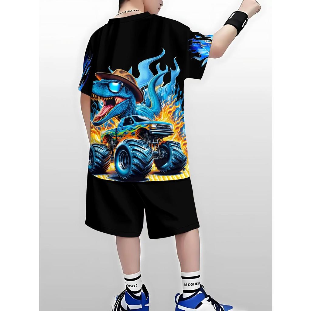 Boys' short sleeved shorts two-piece set, 3D printed dinosaur pattern cycling short sleeved T-shirt top+shorts set