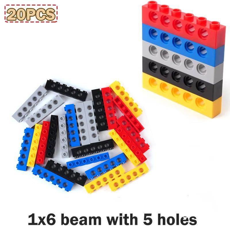 20PCS 1x6 Beam with 5 Holes Technology Building Blocks Parts 3894 Perforated Assembly DIY Toy MOC Bricks Replacement Accessories