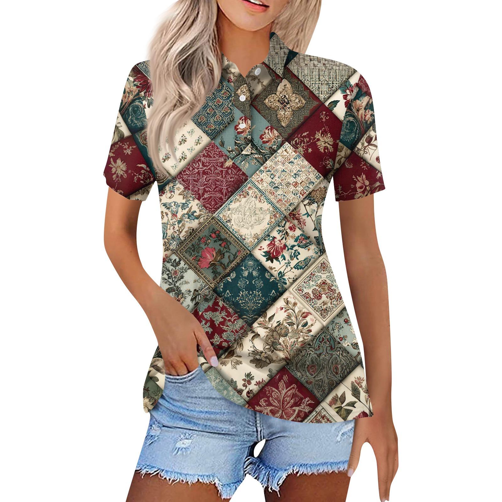 

Женская модная повседневная рубашка с отворотом и коротким рукавом с принтом, женские топы на пуговицах L винный