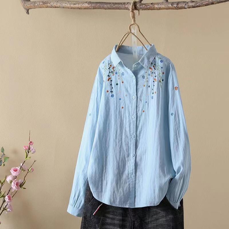 Damesblouse met lange mouwen Koreaanse versie los afslankend borduurwerk dubbellaags katoengaren witte basisblouse