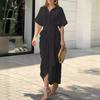 Women's fashion new lapel mid-length short-sleeved single-breasted high-waisted shirt skirt dress