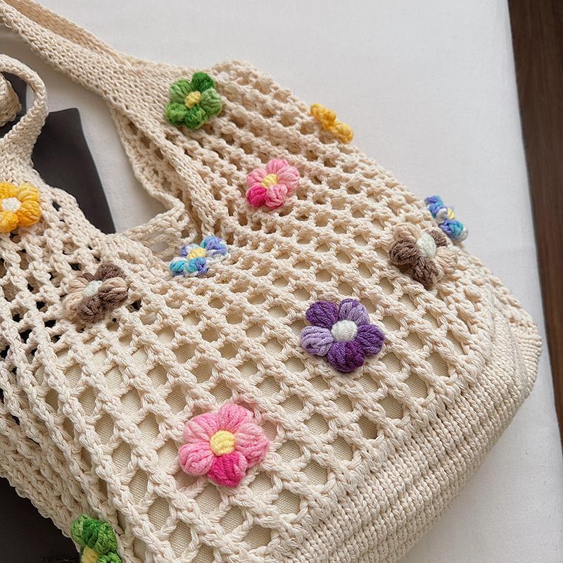 Summer Woven Woven Crochet Mesh Women's Tote Bags Hot Sale Youth Beach Casual Handbag 3D Flower Decoration Handmade Shoulder Bag
