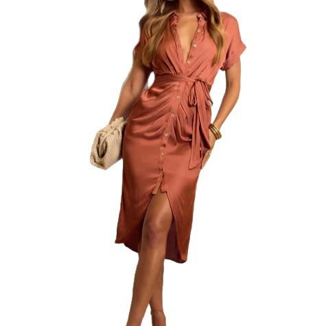 2026 Summer New French Temperament Lapel with Rotator Sleeves Cardigan Dress Women's Holiday Style Long Dress European and American Style