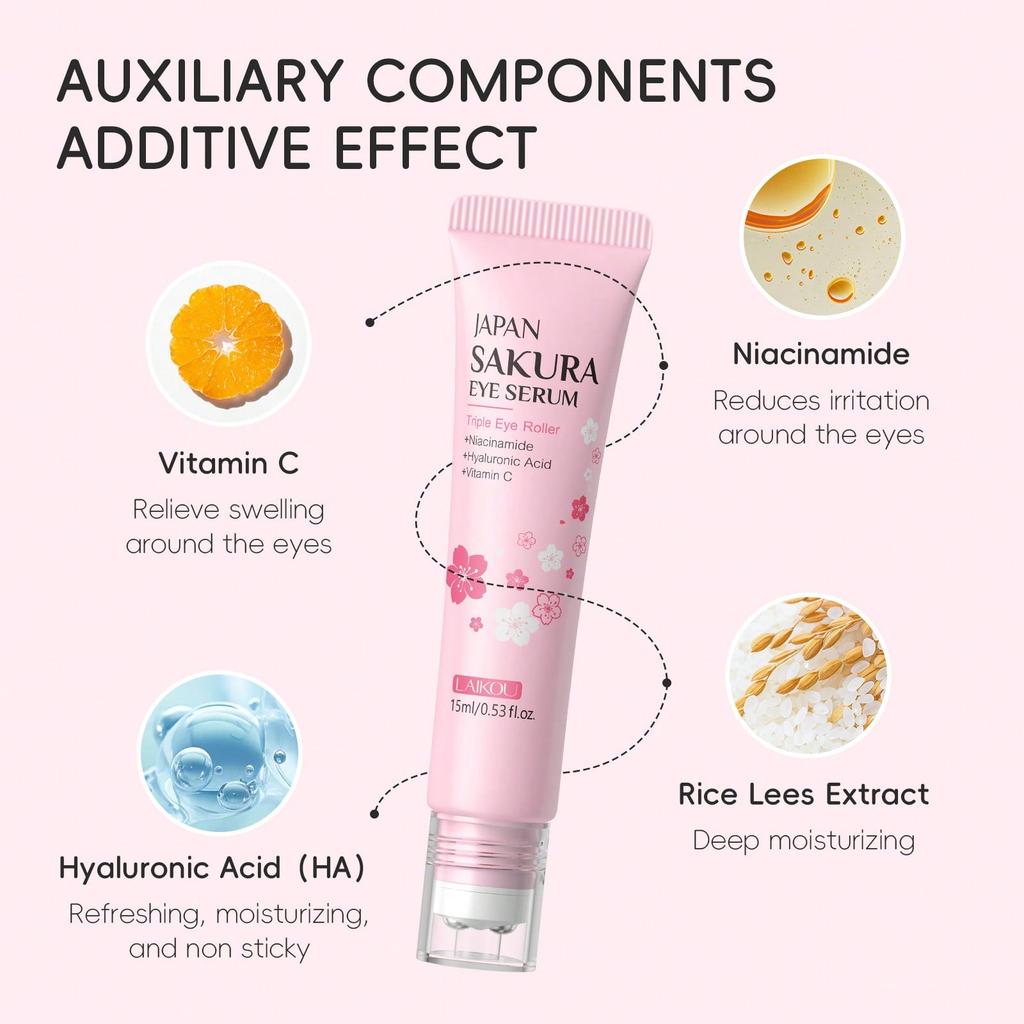 LAIKOU Sakura Faltenreduzierende Augencreme mit Roll-Applikator Schnelltrocknend Feuchtigkeitsspendend Hyaluronsäure Erfrischendes Augen-Serum 15ml
