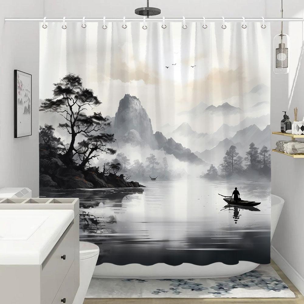 Shower Curtain Red Plum Blossom Branch Japanese Chinese Oriental Sun Misty Mountains Ink Nature Landscape Bathroom Curtains