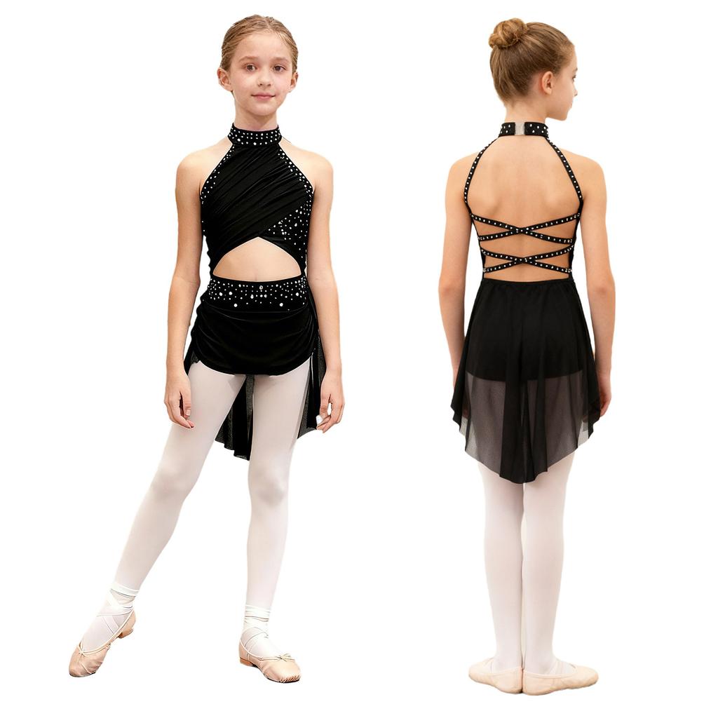Kids Girls Modern Lyrical Dance Dress Ballet Figure Skating Gymnastics Leotard Bodysuit Costume Strappy Back Latin Jazz Dress