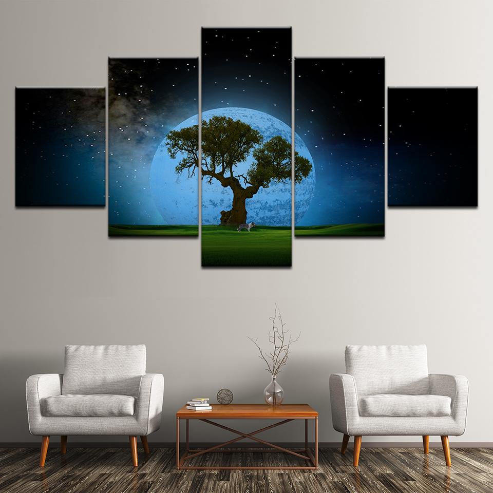 Canvas Painting Lucky Tree with Moon Star Sky Landscape 5 Pieces Wall Art Painting Modular Wallpapers Poster Print Home Decor