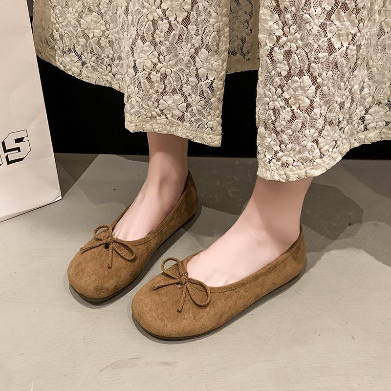 Fashion Women's Fashion Soft Sole Flat Shoes Spring Round Head Cow Suede Butterfly Knot Anti-slip Wear Light Single Shoes