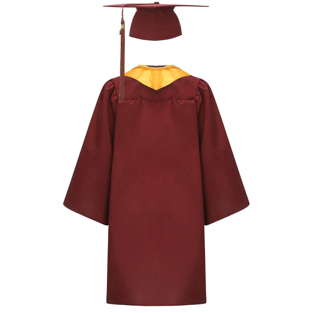 Unisex Kids Graduation Gown Set V Neck Long Sleeve Front Zipper Robe Academic Hat Stole Tassel Ceremony Outfit