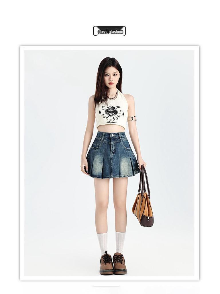 Spring-Summer High Waist Retro Denim Pleated Mini Skirt for Women