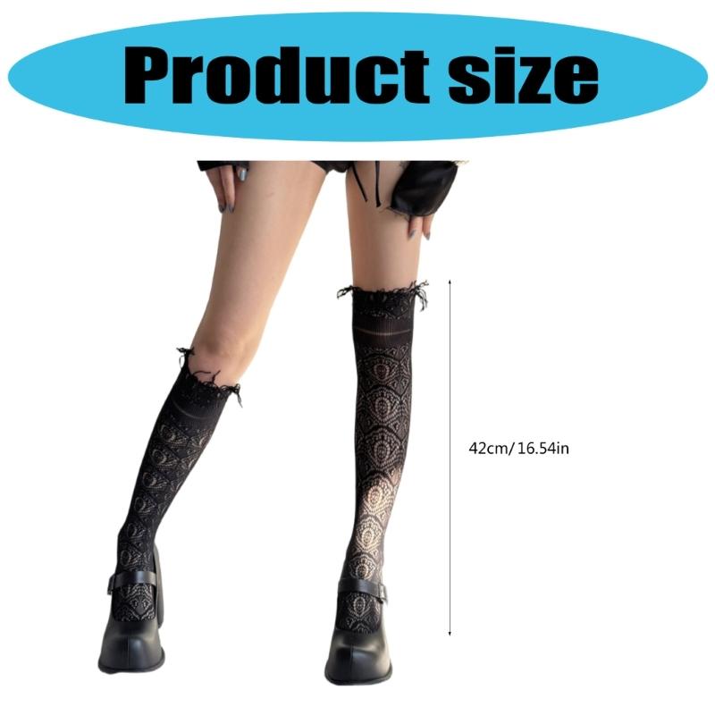 Womens Thin Breathable Over Calf Long Socks Stretchy Nylon Jacquard Hollowout Pattern Tassels Trim Knee Length Stockings
