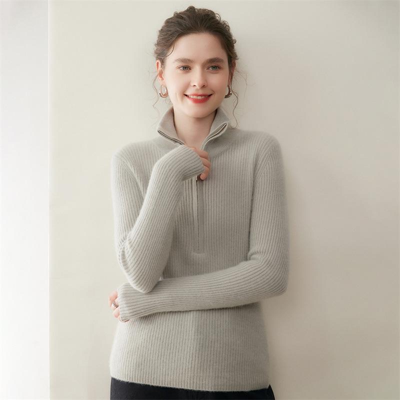 Women's High-Neck Cashmere Sweater - 2025 Autumn/Winter Collection, Half-Zip, Loose Fit, Warm, High-End Knitwear