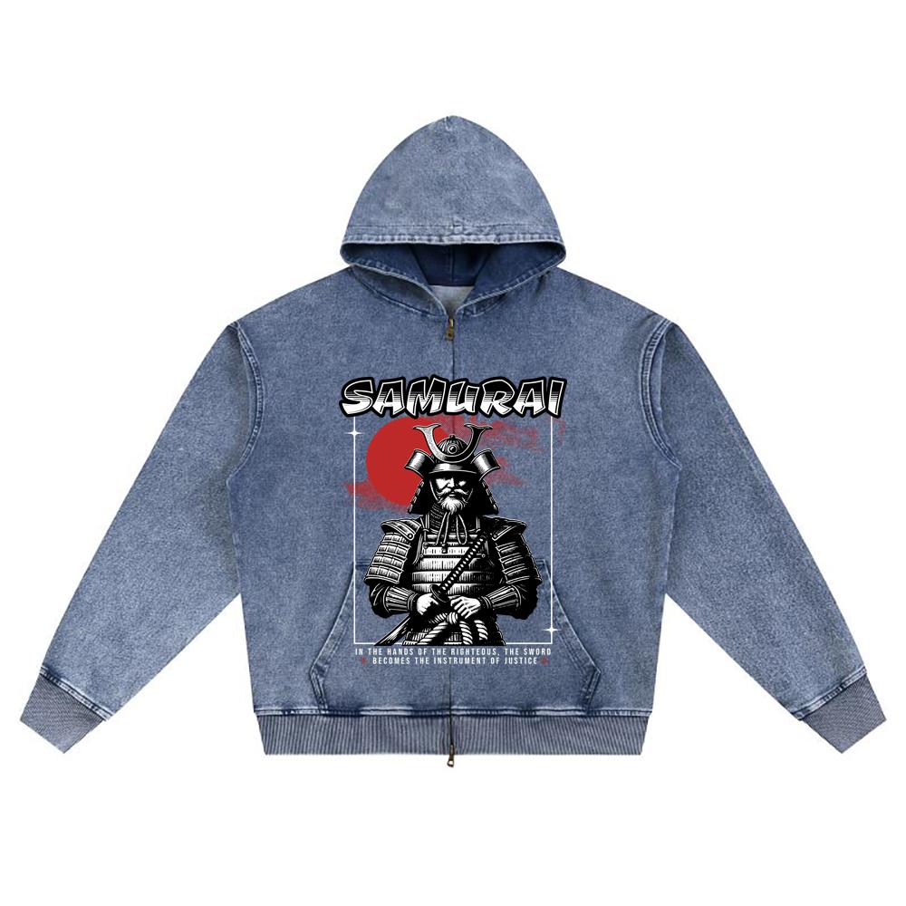 DTG Print Knitted Denim Zip-Up Hoodie Japan Samurai Brother Print Zipper Hoodies