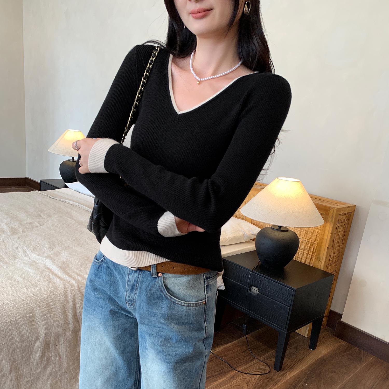 

Women s Slim-Fit Khaki V-Neck Knit Sweater - European Design, Winter 2025 Large чёрный