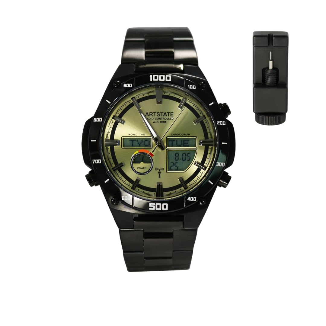 

[ARTSTATE AS1771C] Men s Radio-Controlled Watch, Date and Day Display, Stainless Steel, IP Black Plated, Long Life, 100M Water Resistance