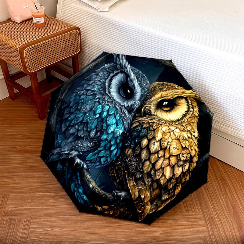 Two Owls pattern, automatic folding umbrella, portable and foldable design, 8 ribs, a Christmas or birthday gift.