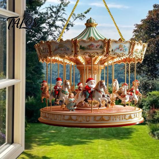 Indoor Outdoor Christmas Tree Ornaments Santa Claus Carousel/Snow Cottage Hanging Ornament, Double-Sided Holiday Party Decorations Acrylic Pendant for