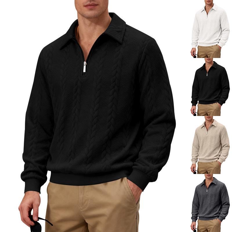 TikTok Men's Jacquard Polo Shirt: Casual Loose-Fit Hoodie with Lapel and Long Sleeves