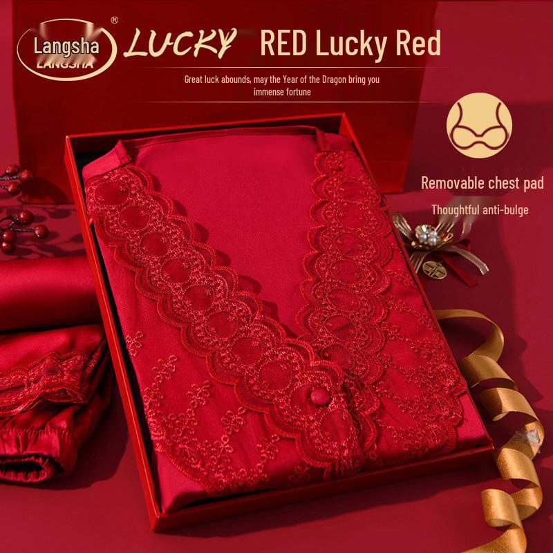 Year of the Ox Women's Red Pajamas with Built-in Bra - V-neck, Soft, Skin-Friendly, Sexy Loungewear - Perfect Gift for Best Friend