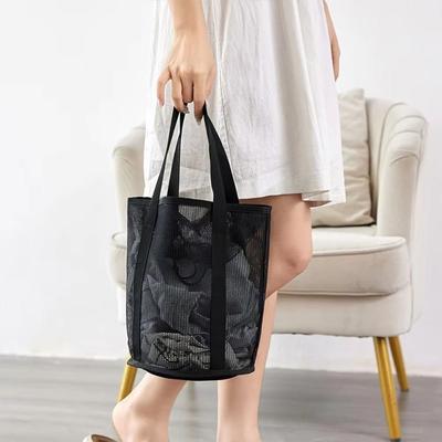 Große Maschen-Strandhandtasche mit Kordelzug, Leicht, Reise-, Wasch-, Tragetasche, Mehrzweck mit Griff, Strandspielzeugkörbe, Familie