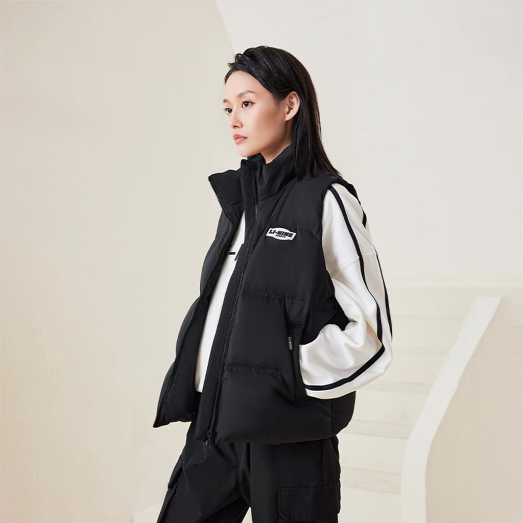 Li Ning Sports Trend Series Solid Color Loose Stand Collar Zipper Winter Versatile Casual Cold Resistant Down Vest Women vest Black AMRU124-2
