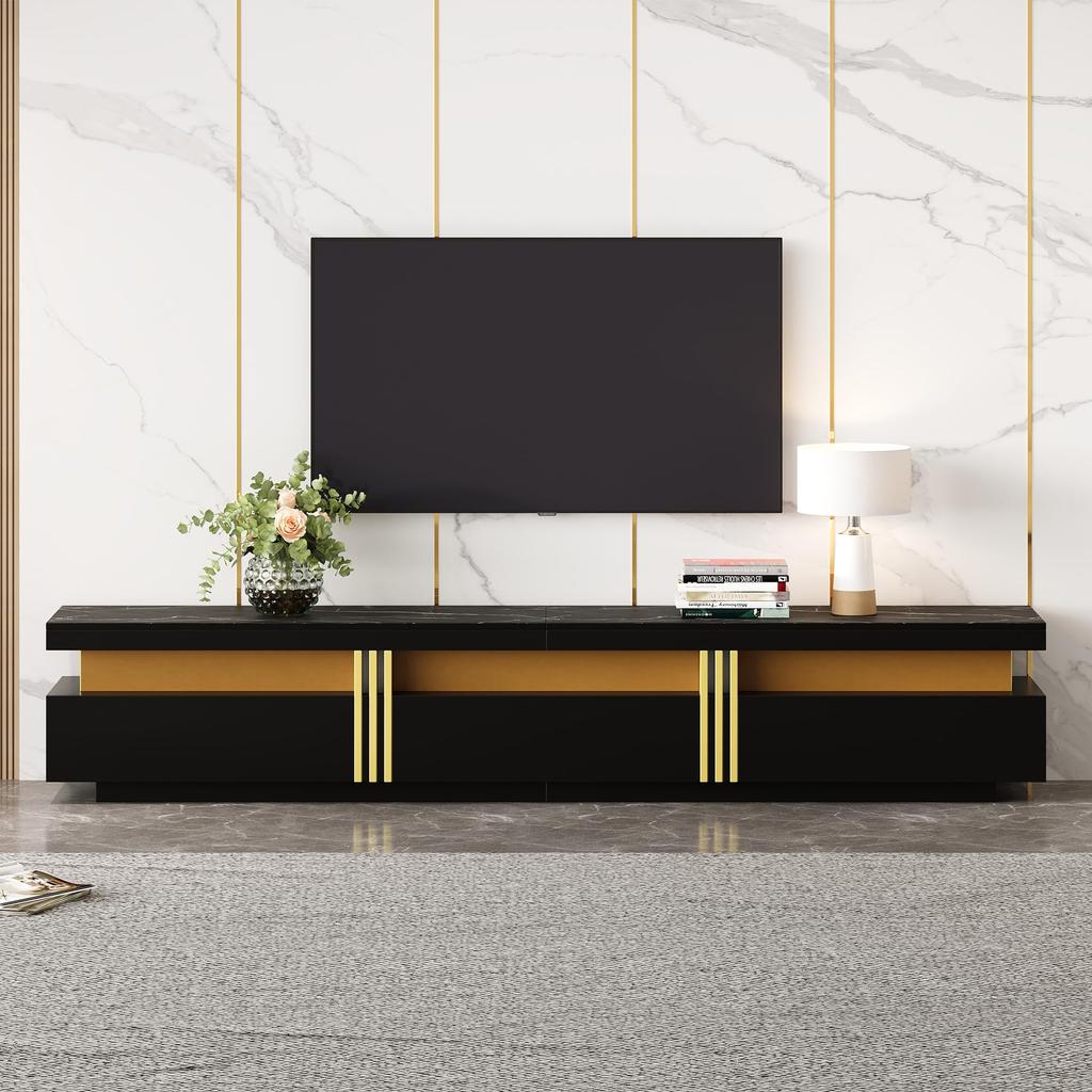 TV-Schrank TV Board drei Schublade, TV-ständer Fernseher bis zu 90 Zoll, Fernsehtisch Wohnzimmer, Esszimmer, Schlafzimmer, Ink. 200cm, Schwarz