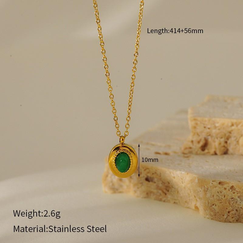 French Vintage Emerald Necklace Geometric Mother Of Pearl Inlay Titanium Steel Pendant Women Jewelry Gift