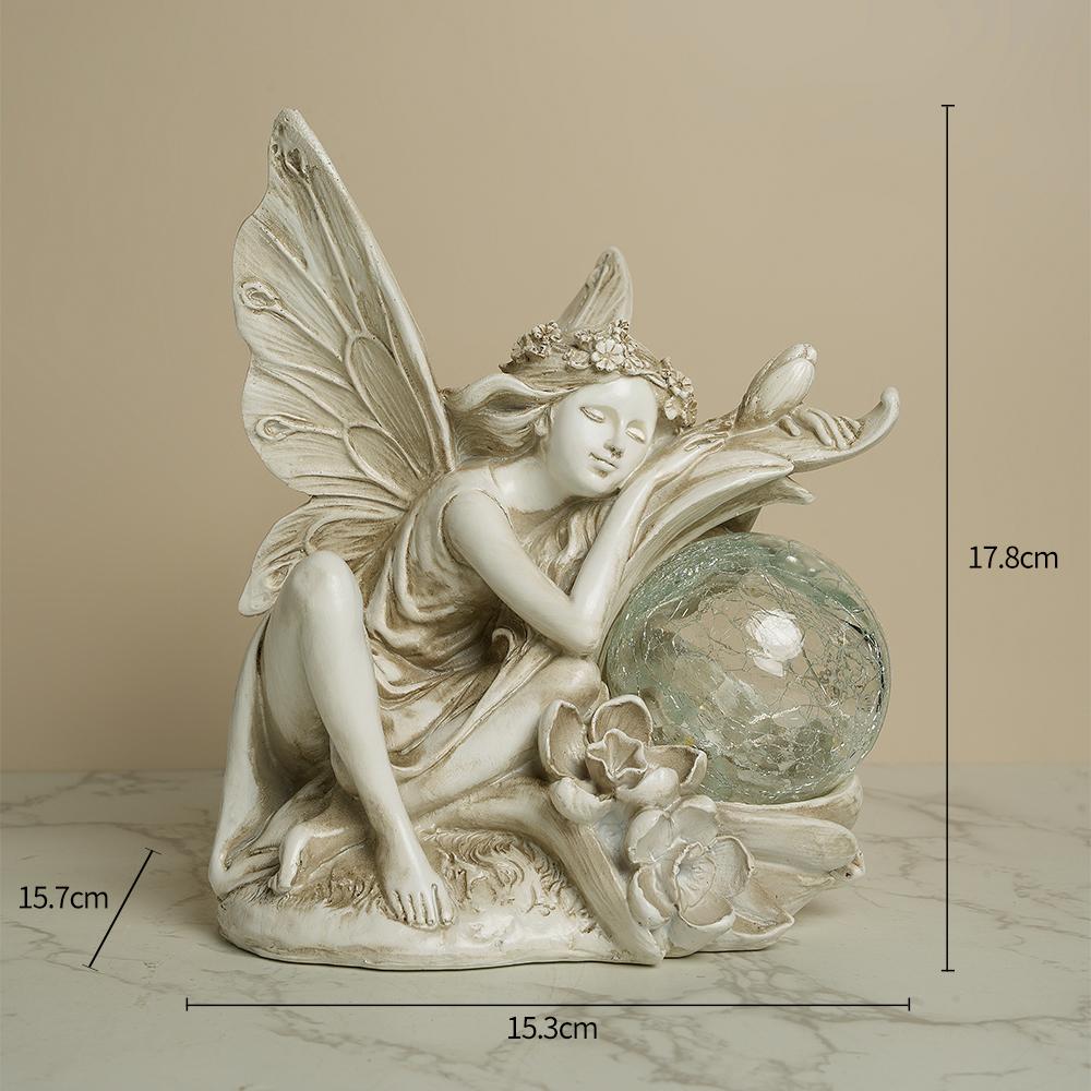 

Solar Fairy Garden Statue with Butterfly Wings Crackled Glass Ball Lights - Outdoor Indoor Decor Angel Ornament for Patio Home