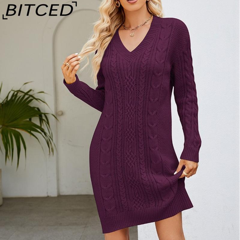 BITCED Dámské jednobarevné pletené šaty s výstřihem do V, dlouhé, z vlněné směsi, podzimní/zimní módní elegance, základní vrstva s copánkovým vzorem