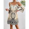 Women Bohemian Print Cold Shoulder Mini Dress Casual Long Sleeve A Line Dress