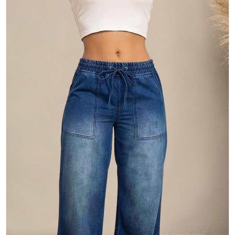 Women S Wide Leg Drawstring Elastic Waist Relaxed Fit Casual Denim Jeans