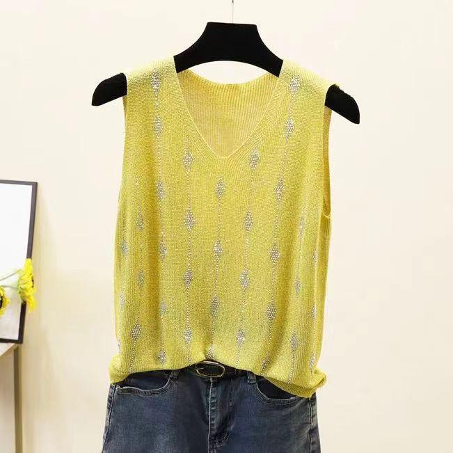 2023 Shiny Silk Sleeveless V-Neck Women's Vest - Spring/Summer New Style, Loose Fit with Hot Diamond Sling Knitted Design
