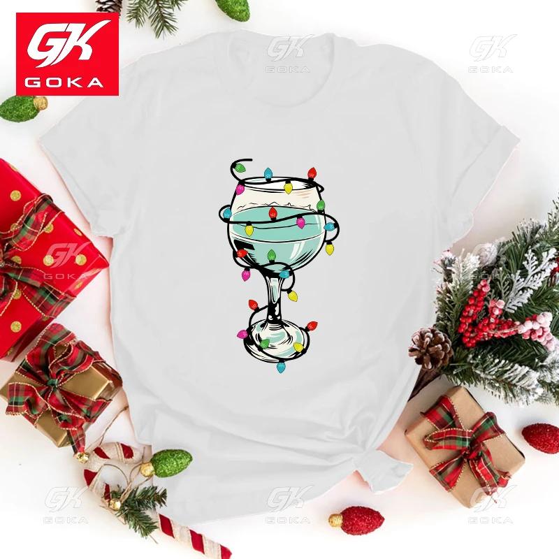 

New Hot Christmas Wine Glass Cotton T Shirt Fashion Women Girls Tee Shirt Unisex Casual Short Sleeve Round Neck Tops TShirts S