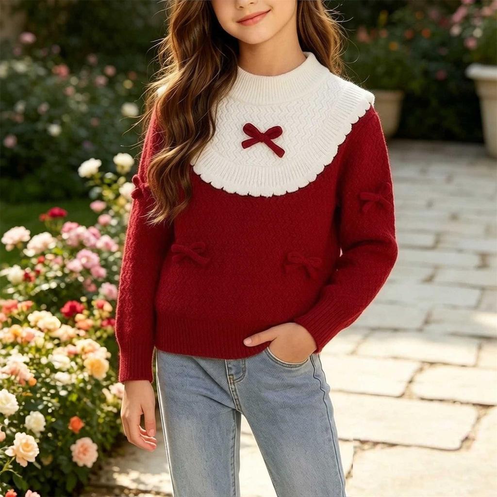 Girls' Knit Sweater with Round Neck Long Sleeve Pullover