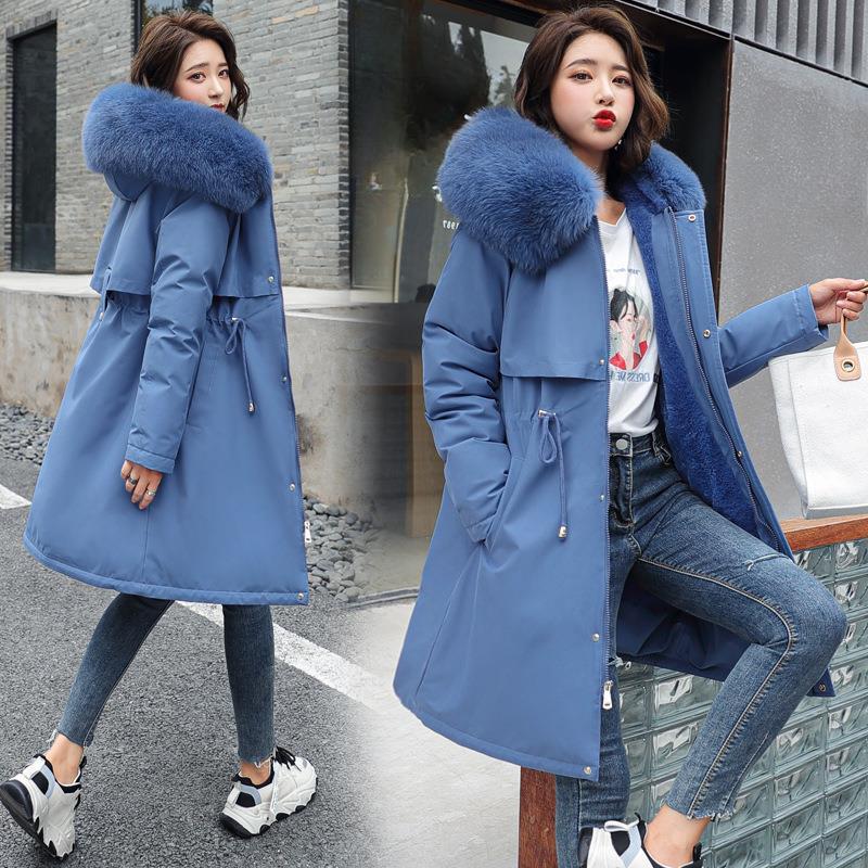 Elegant Women's Mid-Length Parka Jacket - Plus Size,Solid Color, Hooded, Polyester Material, Thickened Winter Coat with Drawstring Detail