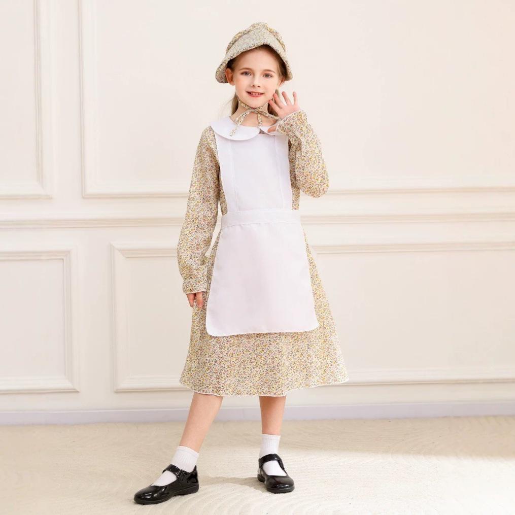 Halloween European pastoral maid cosplay yellow floral dress prairie colonial little girl show costume
