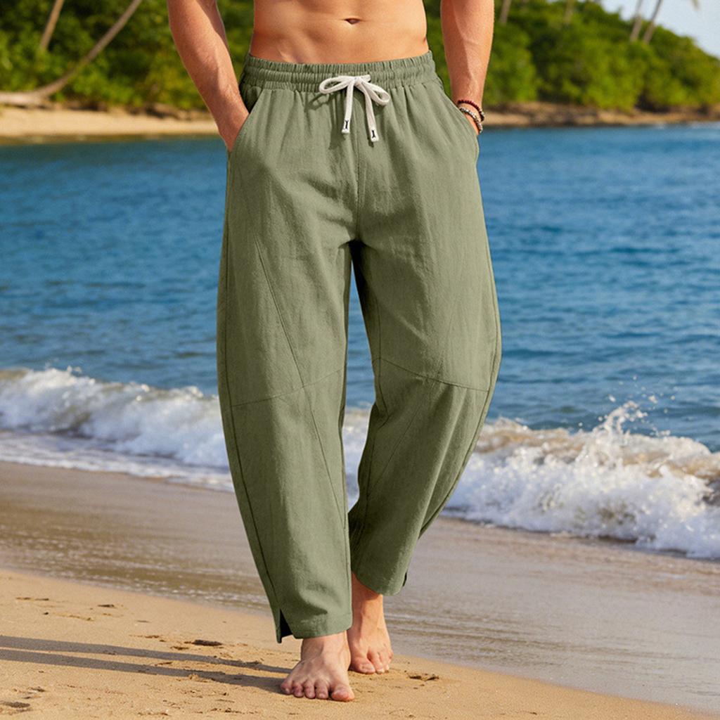 Men Casual Loose Fit Drawstring Waistband Lightweight Breathable Cotton Linen Blend Jogger Pants with Side Pockets and Ankle Slits